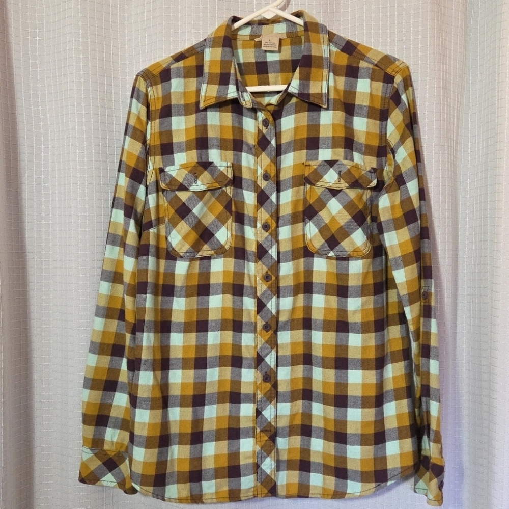 Duluth Trading Co Womens Flannel Shirt Size Large EUC Purple And Gold